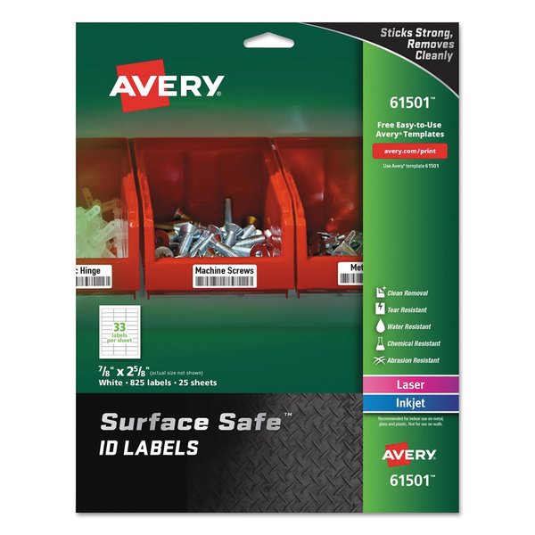 Avery Surface Safe ID Labels, Inkjet/Laser, 7/8 x 2 5/8, White, PK825 61501